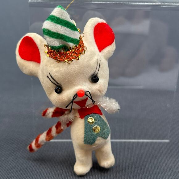 VTG Japan Flocked Christmas Ornament Mouse Elf Candy Cane Felt Chenille 4" - Picture 1 of 15